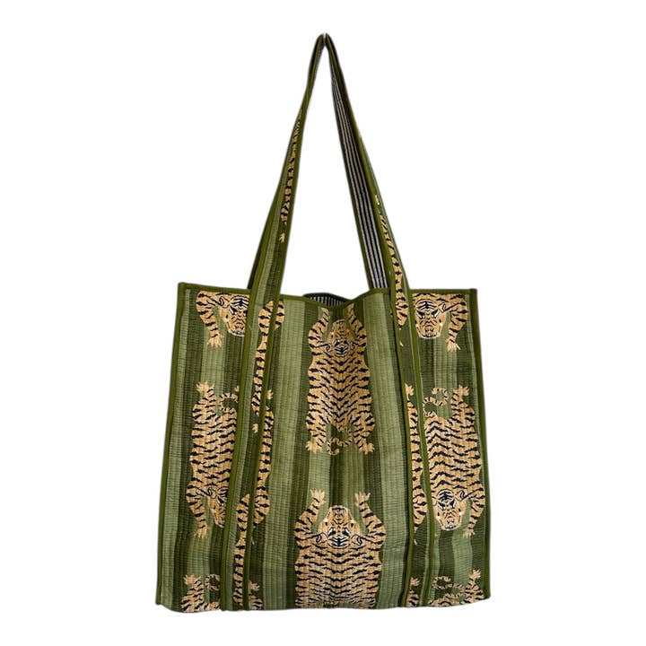 Quilted Block Print Tote - Green Tiger for wholesale by Golden Lily