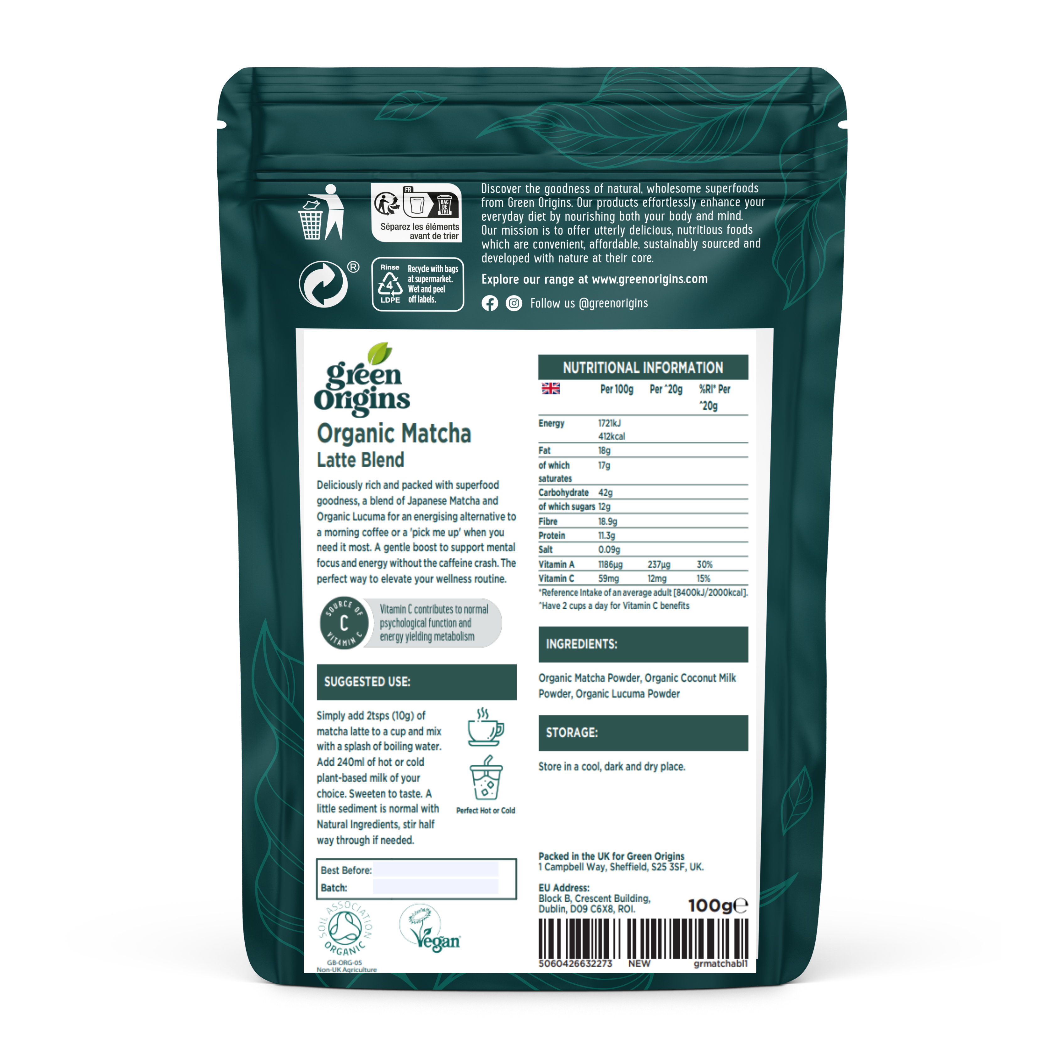 Brand Organic - Vendita all'ingrosso Tisane salutari e depurative - Green Origins Matcha Latte 100g Biologico Vegano2