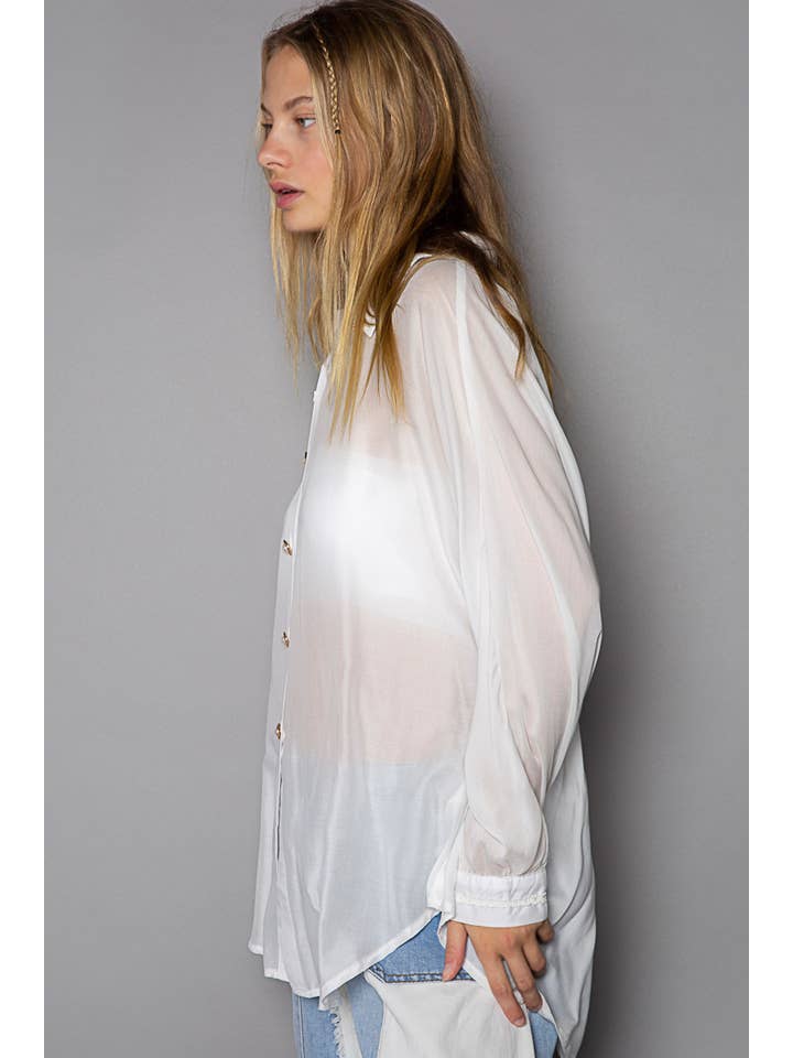 Pol Clothing - Wholesale Button Down Shirt - Women's - Open back batwing long sleeve sheer button down shirt SALE