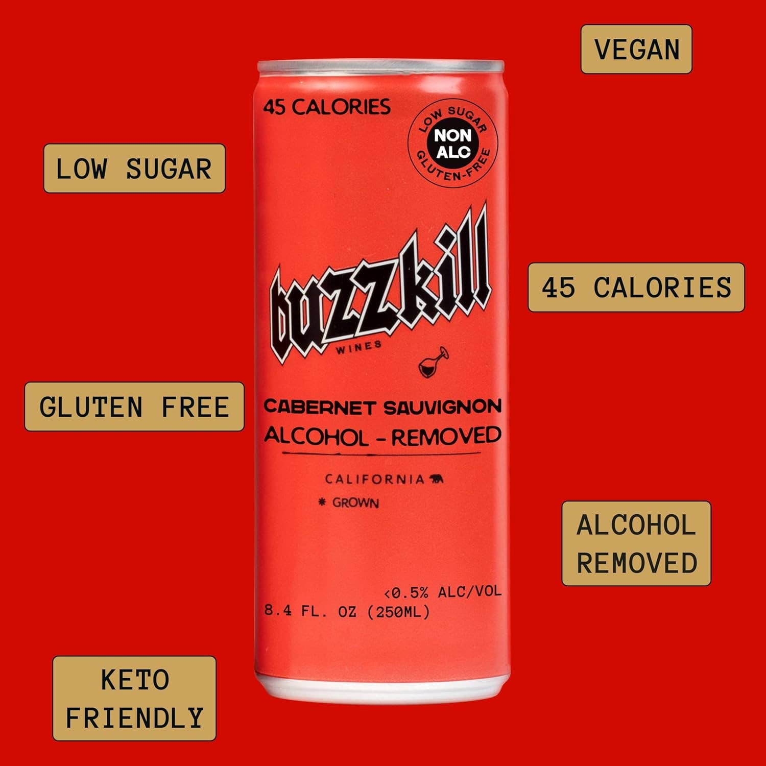 Buzzkill Wines - Wholesale Non-Alcoholic Spirits/Wine/Beer - Buzzkill Non-Alcoholic Cabernet Wine | Low Sugar, Low Calorie, No Hangover - 24-Pack Cans3