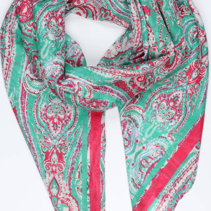 Lenço de algodão ornamentado com estampa Paisley em Verde Rosa por atacado de Sarta