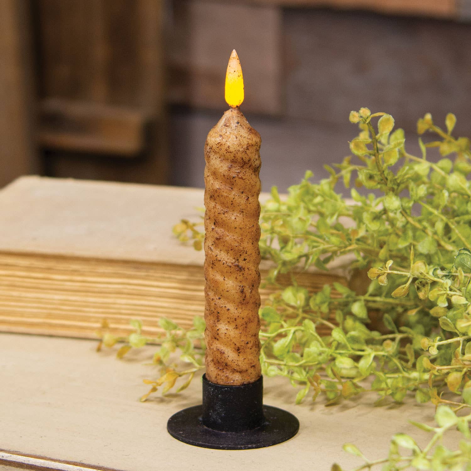 The Hearthside Collection - Wholesale Tapered Candle/Candlestick - Burnt Ivory Vintage Twist Flicker Flame Timer Taper, 6.25"1
