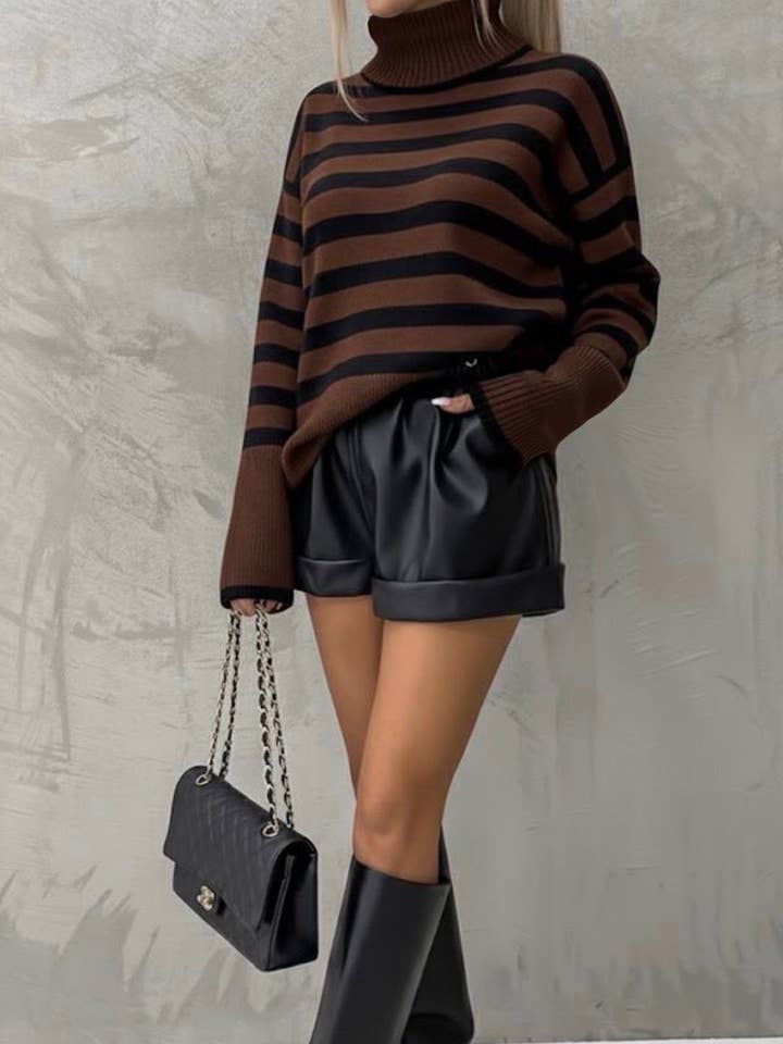 Tula Striped Turtleneck Knitted Jumper Top-Brown for wholesale by Catwalk Wholesale