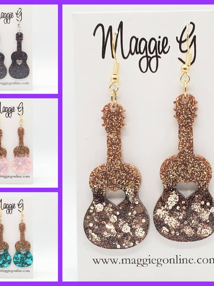 Orecchini a forma di chitarra con glitter Country Western fatti a mano in res per la vendita all'ingrosso da parte di Maggie G