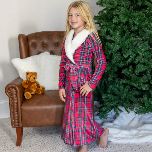 Sugar Bee Clothing - Vendita all'ingrosso Vestaglie - Bambini - Pigiama di Natale 2025 - Accappatoio con bordo in pelliccia per ragazze - Tartan2