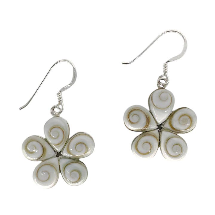 Sterling Silver Shiva Eye Shell Flower Dangle Earrings for wholesale by Maka Imports