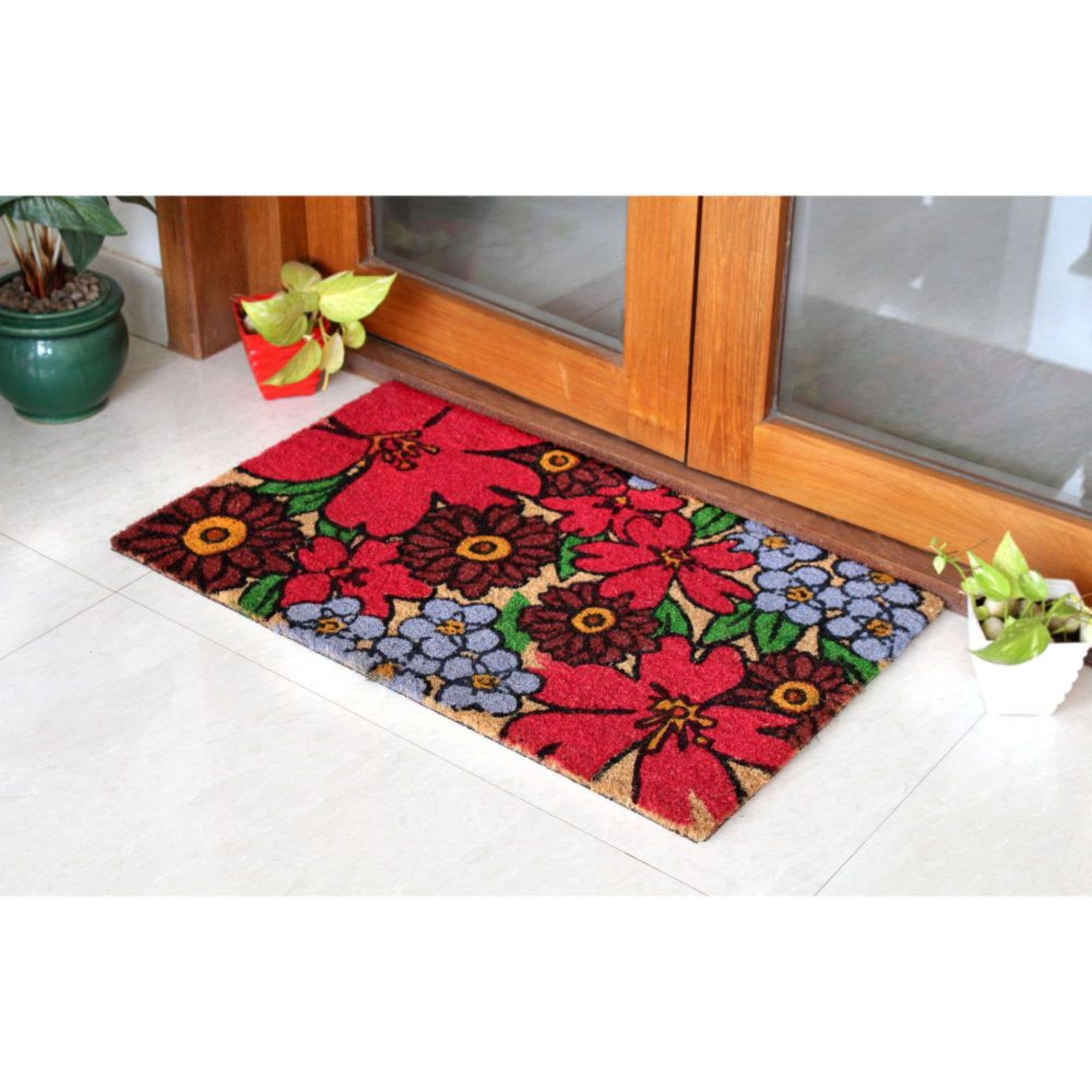RugSmith – wholesale Door mat – RugSmith Red Machine Tufted Hibiscus Coir Doormat, 18" x 30"1