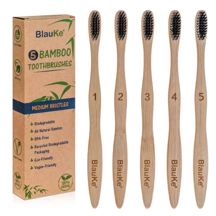 Bamboo Toothbrush Medium Bristle 5-Pack, Organic Black Toothbrush Set, Eco Friendly Wooden Toothbrushes for wholesale by BlauKe