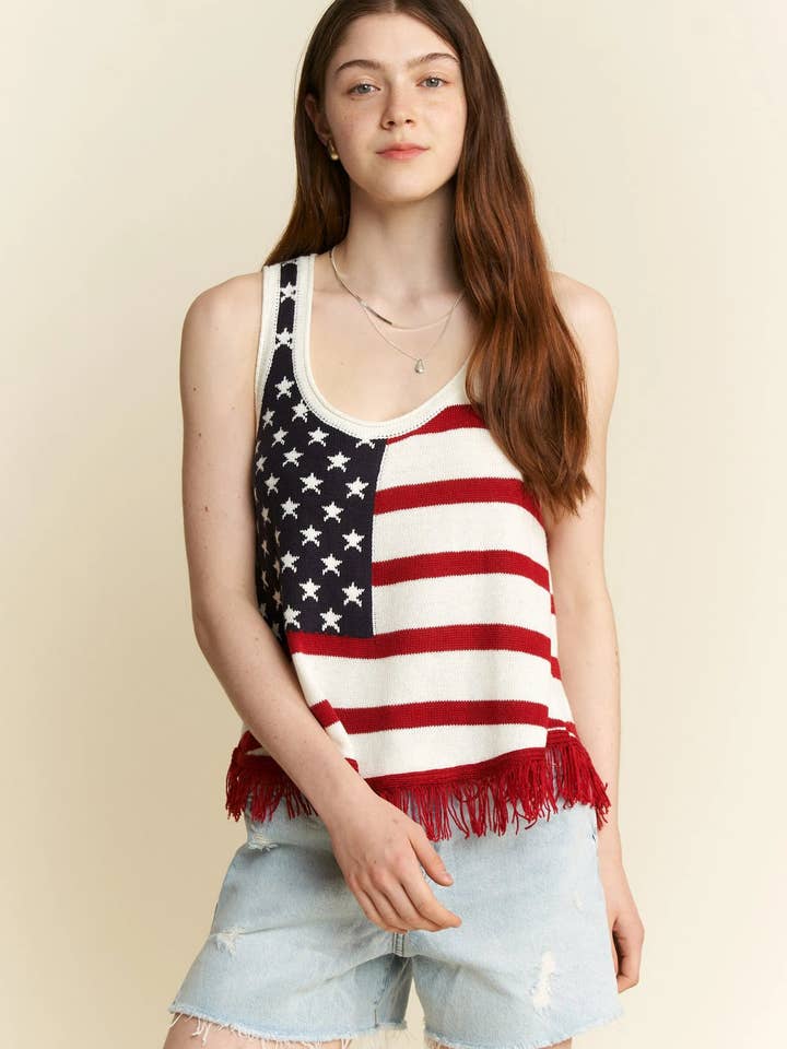 Débardeur à franges drapeau américain taille plus Jade By Jane taille complète pour la vente par Queenado