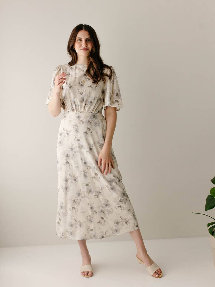 'Betsy' Blue Floral Midi Dress in Cream FINAL SALE for wholesale by The Main Street Exchange