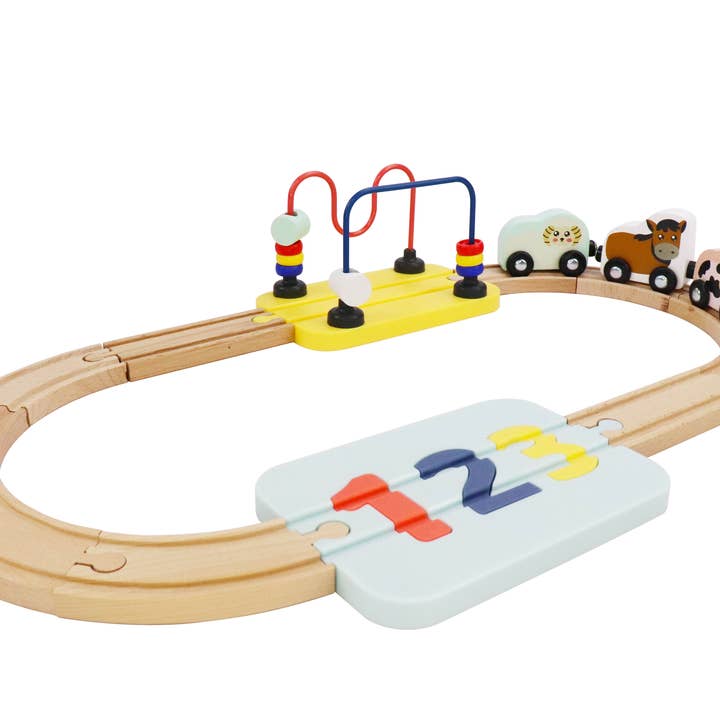 Wooden Railway 123 Puzzle and Bead Set 18-Pieces for wholesale by Leo & Friends