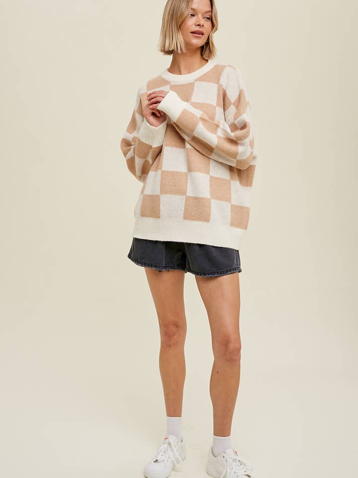 CREAM TAUPE CHECKERED OVERSIZED SWEATER / WL23-8064 for wholesale on Faire1