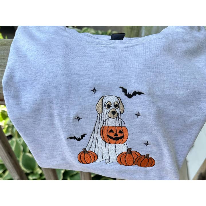 Dog Ghost Halloween Embroidered Gildan T-Shirt for wholesale by Your Embroidery Girl
