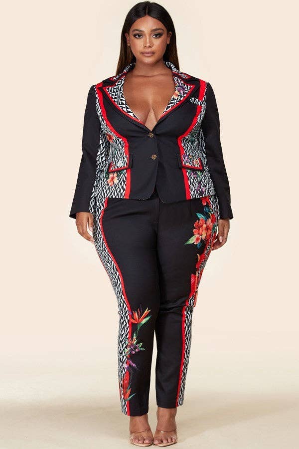 Plus-Size Black Flower Blazer Pant Suit Set for wholesale on Faire