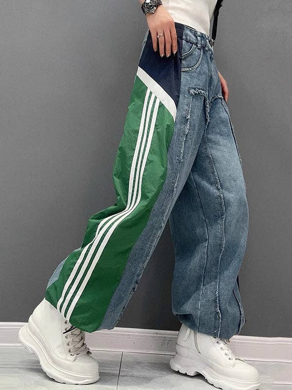 VividLux - Wholesale Jeans - Women's - Loose Wide Leg Contrast Color Drawstring Elasticity Fringed Split-Joint Jean Pants Bottoms8