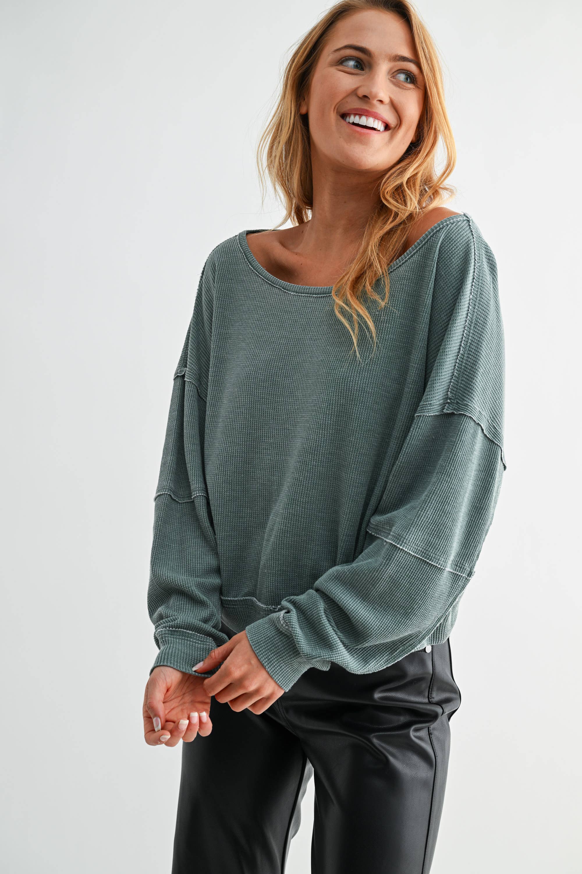 Mono B - Wholesale Sweatshirt - Women's - Raw Edge Waffle Knit Boatneck Pullover13