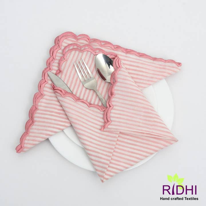 Fabricrush - Wholesale Dinner & Cloth Napkin - Punch Pink Stripes Scalloped Cotton Napkins