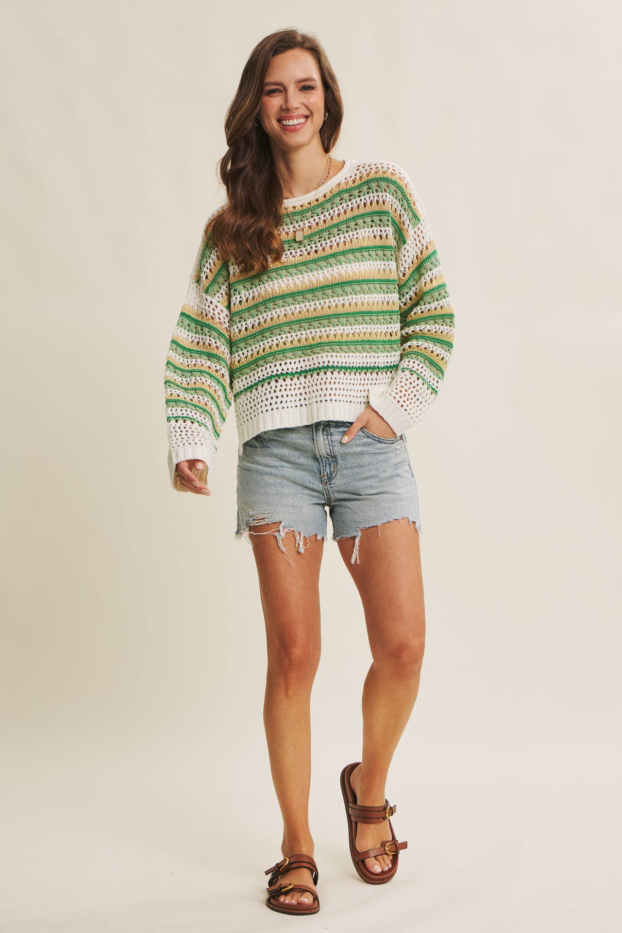 in february - Wholesale Knit Sweater - Women's - BRIGHT VIBRANT MULTI STRIPE LOOSE FIT CROCHET SWEATER TOP28