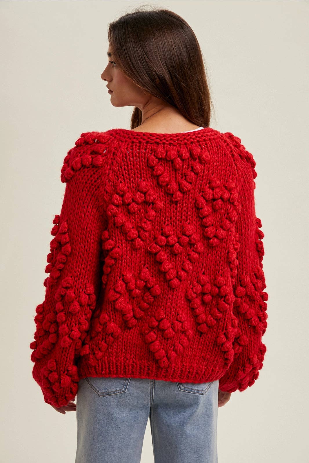 Red Wishlist Apparel Pom Heart Cardigan for wholesale on Faire2