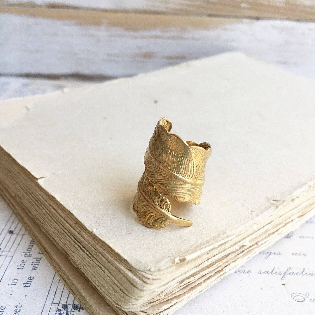 Red Truck Designs - Wholesale Cocktail/Statement Ring - Gold Raven Feather Wrap Ring Adjustable Woodland Ring
