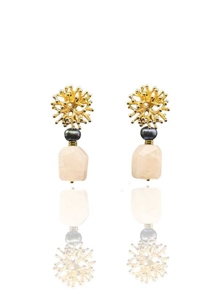 Statement Earrings with Rose Quartz & Tahitian Pearl for wholesale by Thalora