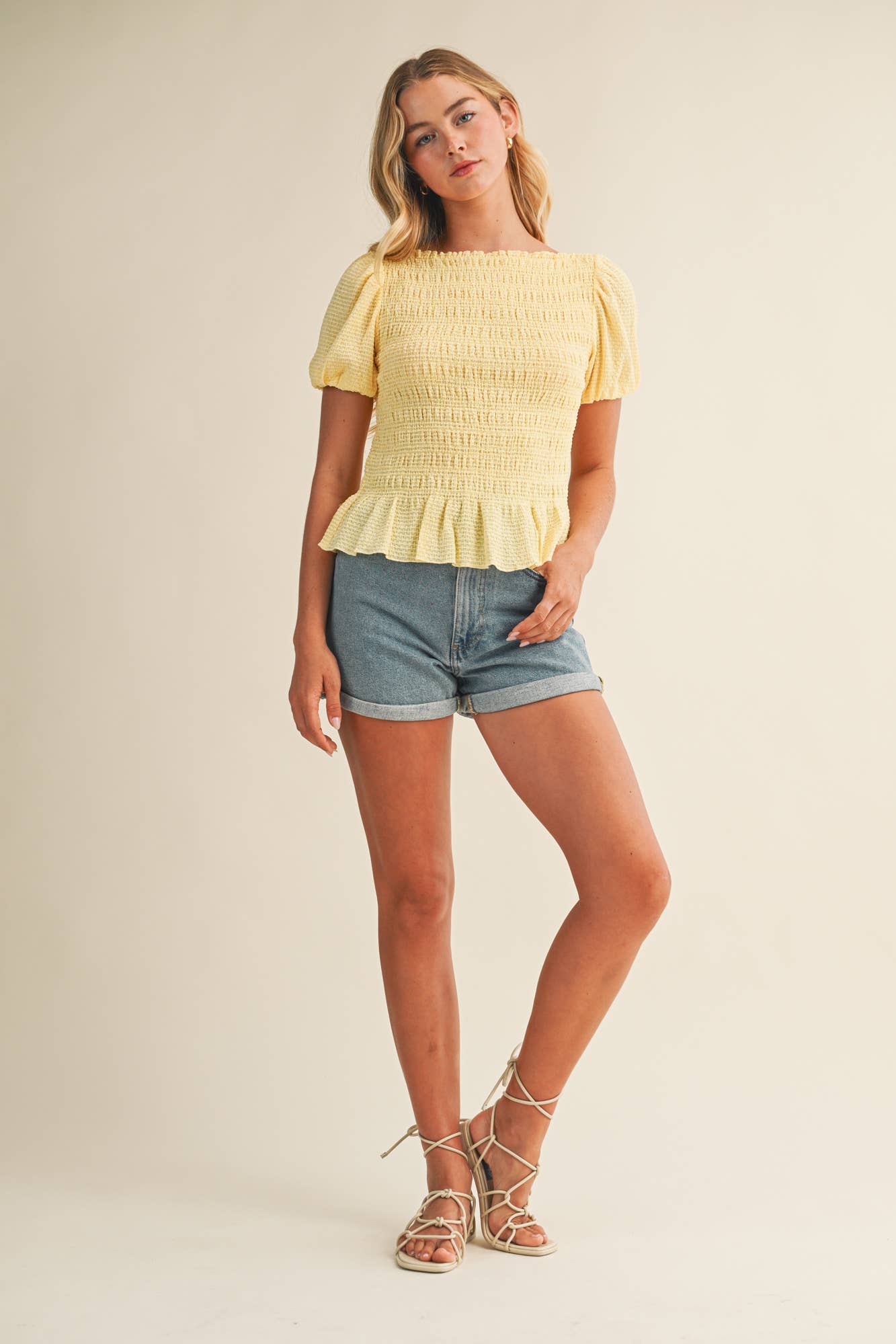 Mustard Seed - Wholesale Blouse - Women's - FLOCKED STRIPE SMOCKED PUFF SLEEVE TOP5