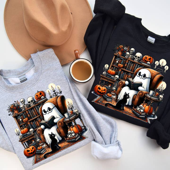 Spooky Ghost Reading Books with Black Cat Crewneck Sweatshirt | Halloween Book Lover Pullover | Unisex Cozy Graphic Sweater for wholesale by Midwest Prints