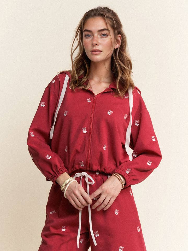 RIBBON HEART EMBROIDERY ZIP UP HOODIE for wholesale by Davi & Dani