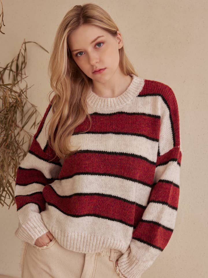 Red Ivory Striped Horizontal Bands Slightly Fuzzy Sweater for wholesale on Faire