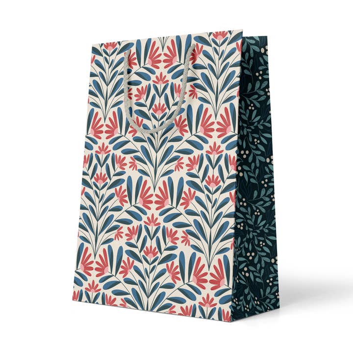 Snowflora Large Gift Bag – Red and Blue Floral Design for wholesale by Rebecca Jane Woolbright