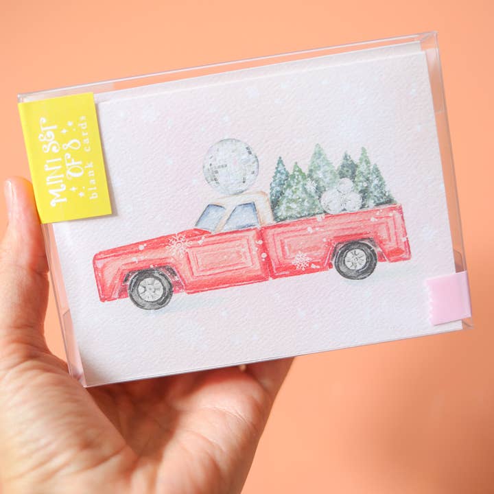 Stephanie Tara Stationery – Engroshandel Julekort – Disco bold juletræ lastbil mini kort boxed sæt