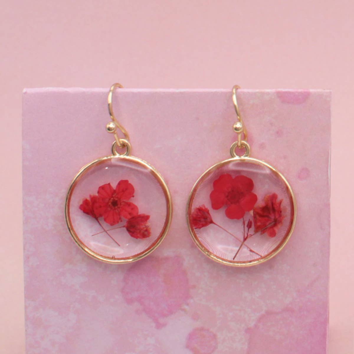 ZAD - Wholesale Dangle Earrings - Cottage Dark Pink Dried Flower Round Earrings3