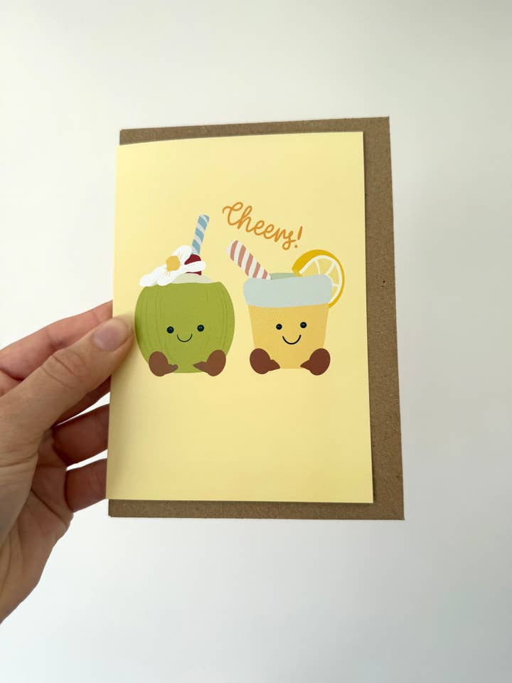 "cheers" greeting card. A6. Summer drinks. Cuddly toy for wholesale by Gallerybylara