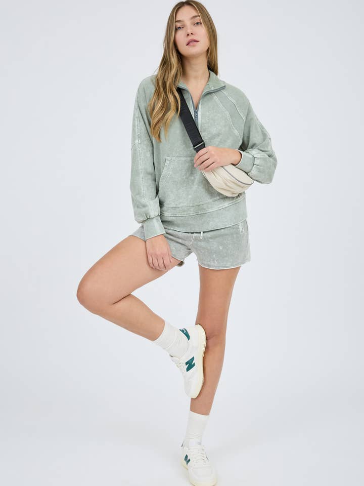 Blu Pepper - Wholesale Knit Top - Women's - WASHED HALF ZIP FRONT POCKET LONG SLEEVE KNIT TOP