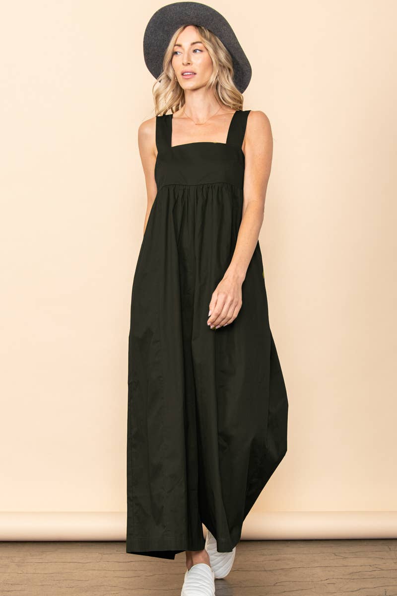Black Back Tie One Piece Poplin Wide Leg Jumpsuit with Pockets for wholesale on Faire1
