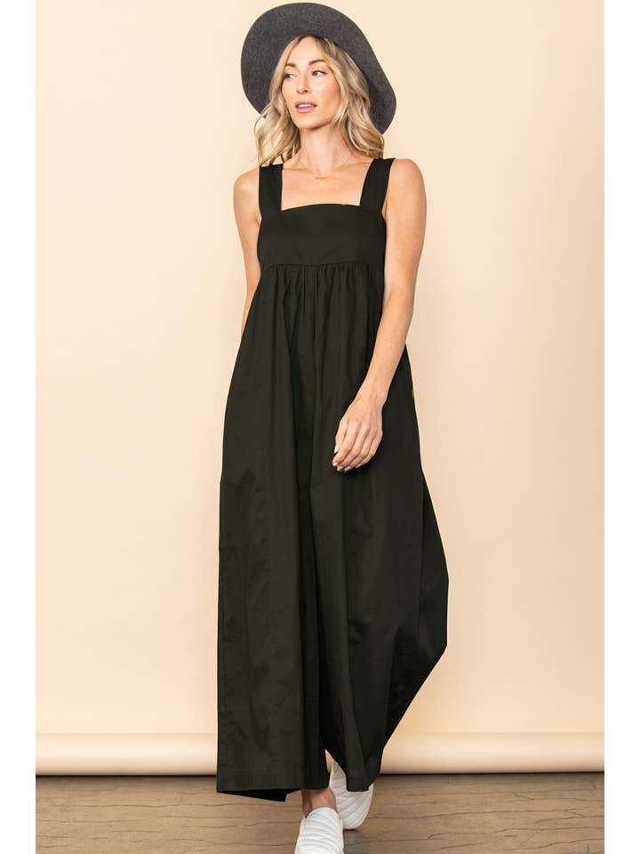 Black Back Tie One Piece Poplin Wide Leg Jumpsuit with Pockets for wholesale on Faire1