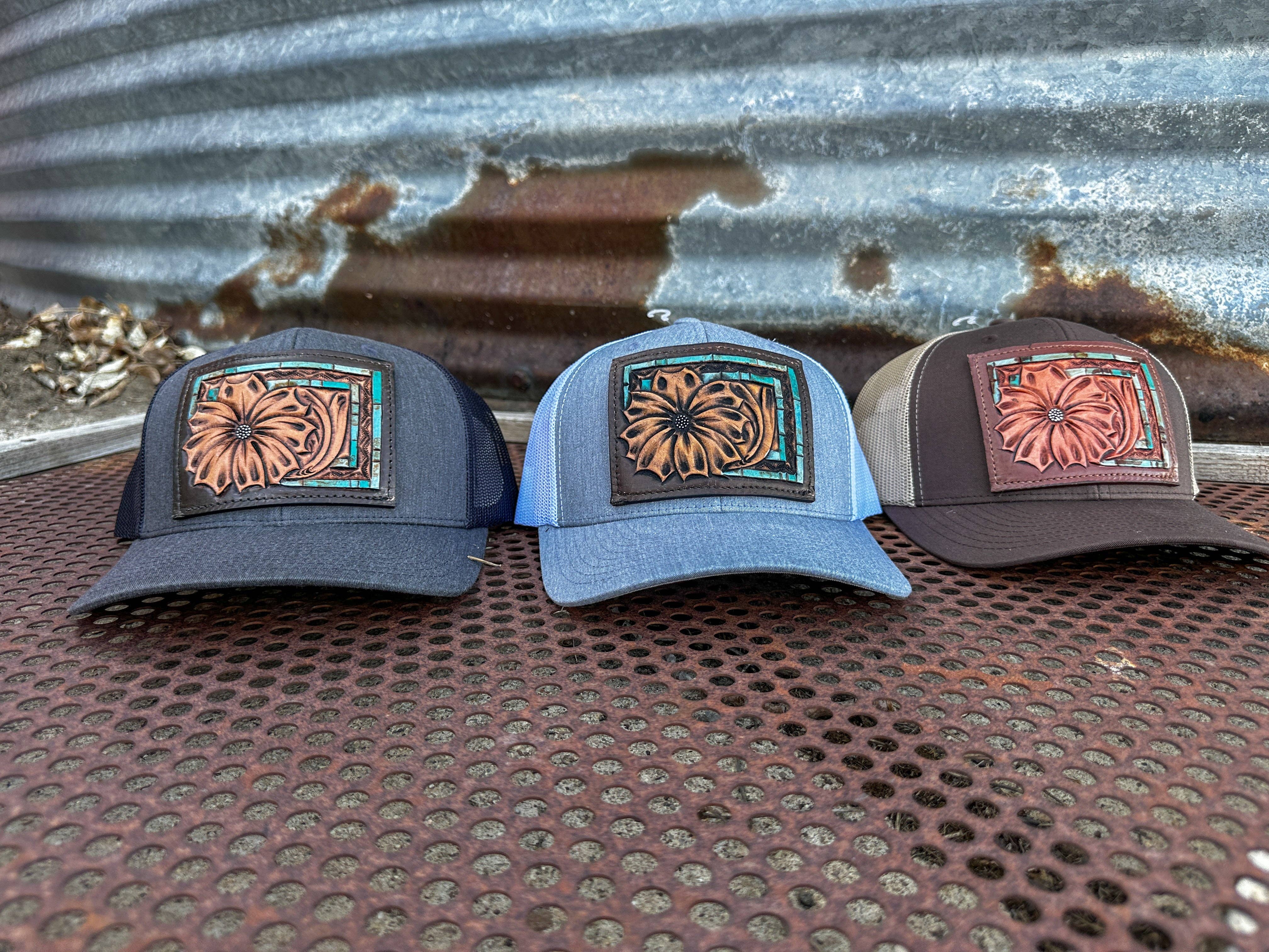 The Rodeo Rose – wholesale Trucker hat – Women’s – Daisy Handtooled Leather Patch Cap with Turquoise Southwestern Border Cowgirl Rodeo Western Cowboy4