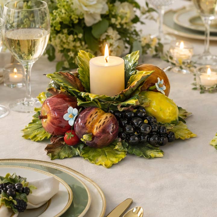 Italian Ceramic Mixed Fruit Candle Holder 35cm per la vendita all'ingrosso da parte di LUEM ART ceramiche e porcellane di Capodimonte Made In Italy