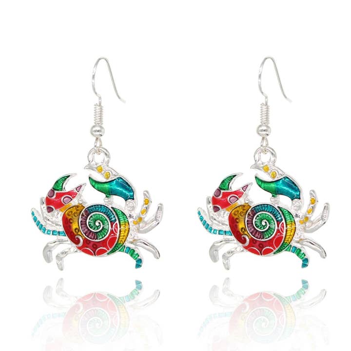 BeSheek Silvertone Mosaic Ocean Crab Fashion Earrings for wholesale by BESHEEK JEWELRY