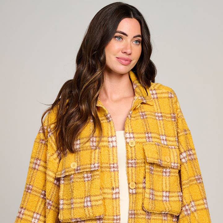 EJA91640NR- Plaid sherpa button-down shacket for wholesale by IWT Brands