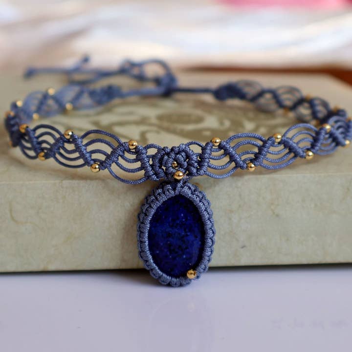 Lapis Braided Pendant Necklace Bohemian Stone S5P191 for wholesale by alberalkirk