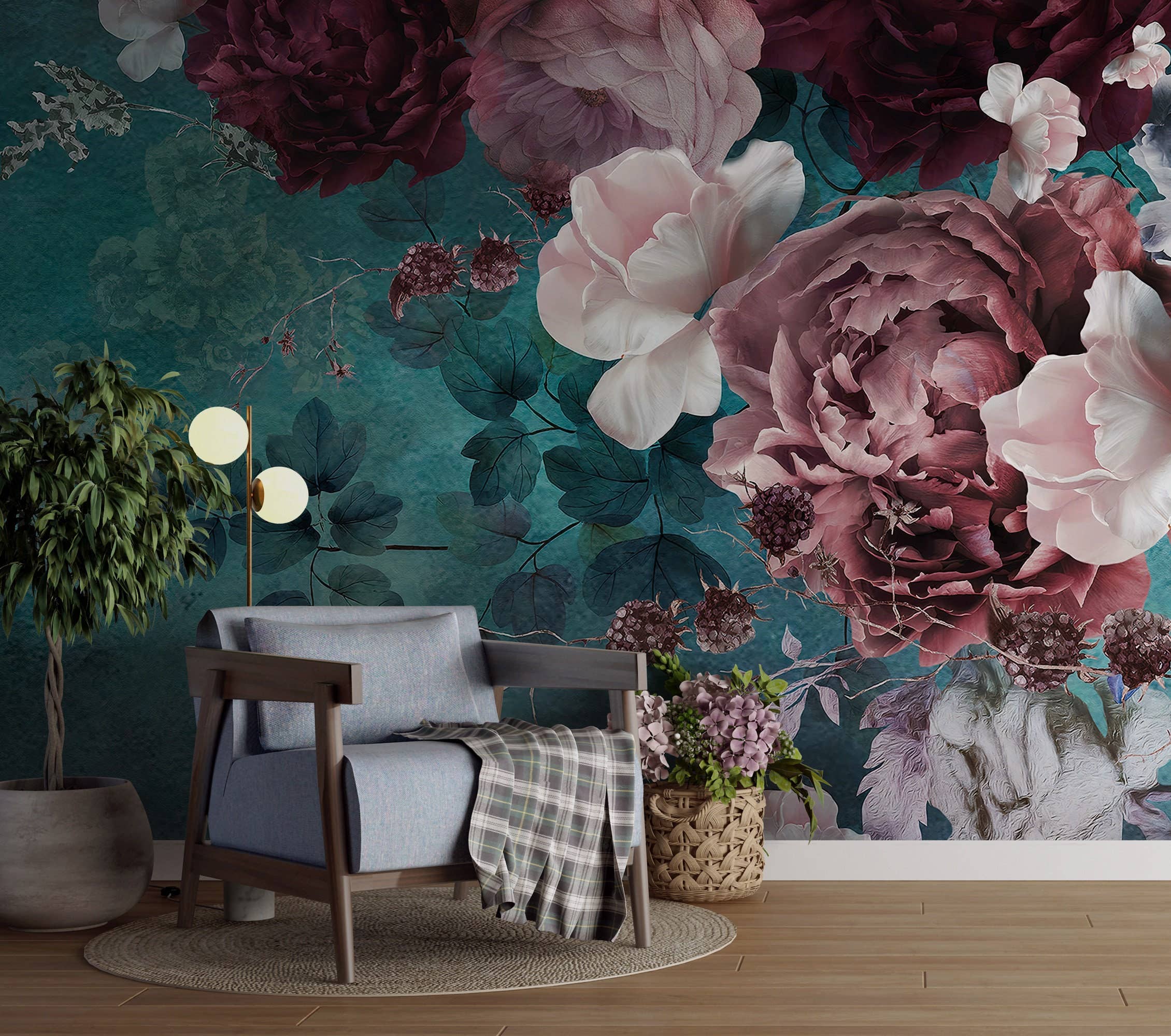 Muravie Wallposter - Vente Papier peint - Papier peint à thème de grandes roses et bleu - Fresque murale de fleurs pour le salon3