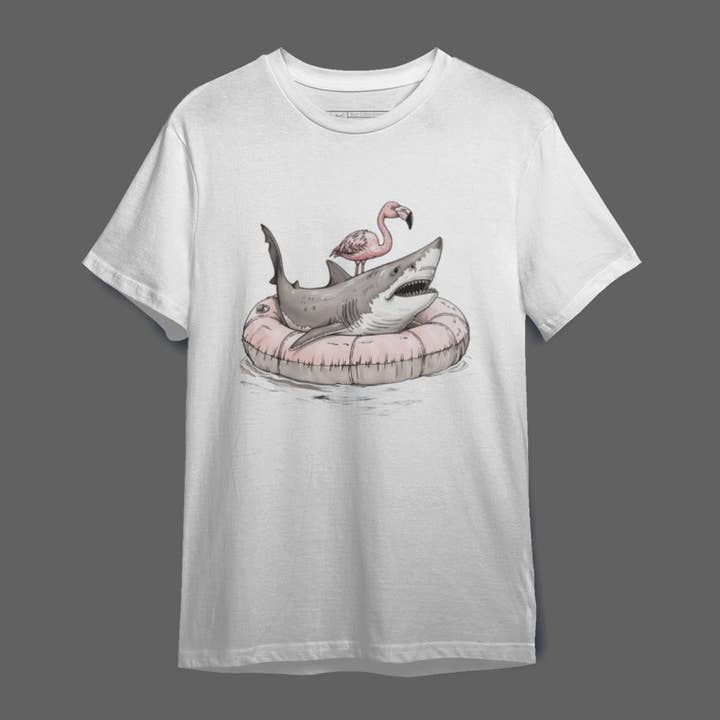 Men's flamingo-shark 2Life T-shirt for wholesale by Mary Cotton Couture