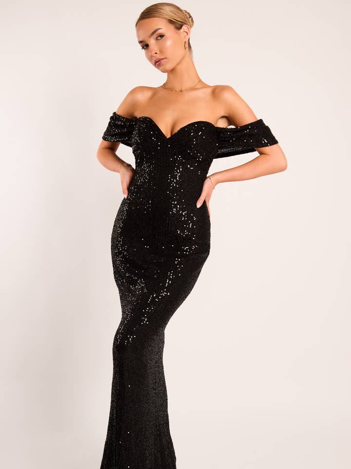 Naiara Black Sequin Sweetheart Shawl Detail Maxi Dress for wholesale by Jaded Rose