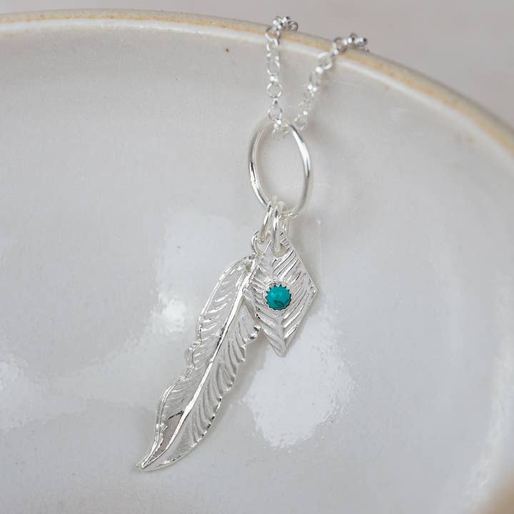 Lucy Kemp Jewellery - Wholesale Pendant/Charm Necklace - Sterling Silver Feather Pendant with Diamond and Turquoise