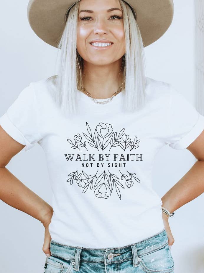 Walk By Faith Not By Sight T-shirt | Graphic Top and other Purchase Wholesale walk by faith. Free Returns & Net 60 Terms on Faire trending on Faire.