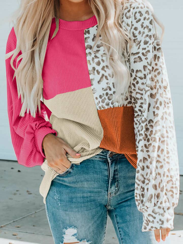Rose Patchwork Color Block Ribbed Long Sleeve Top for wholesale on Faire