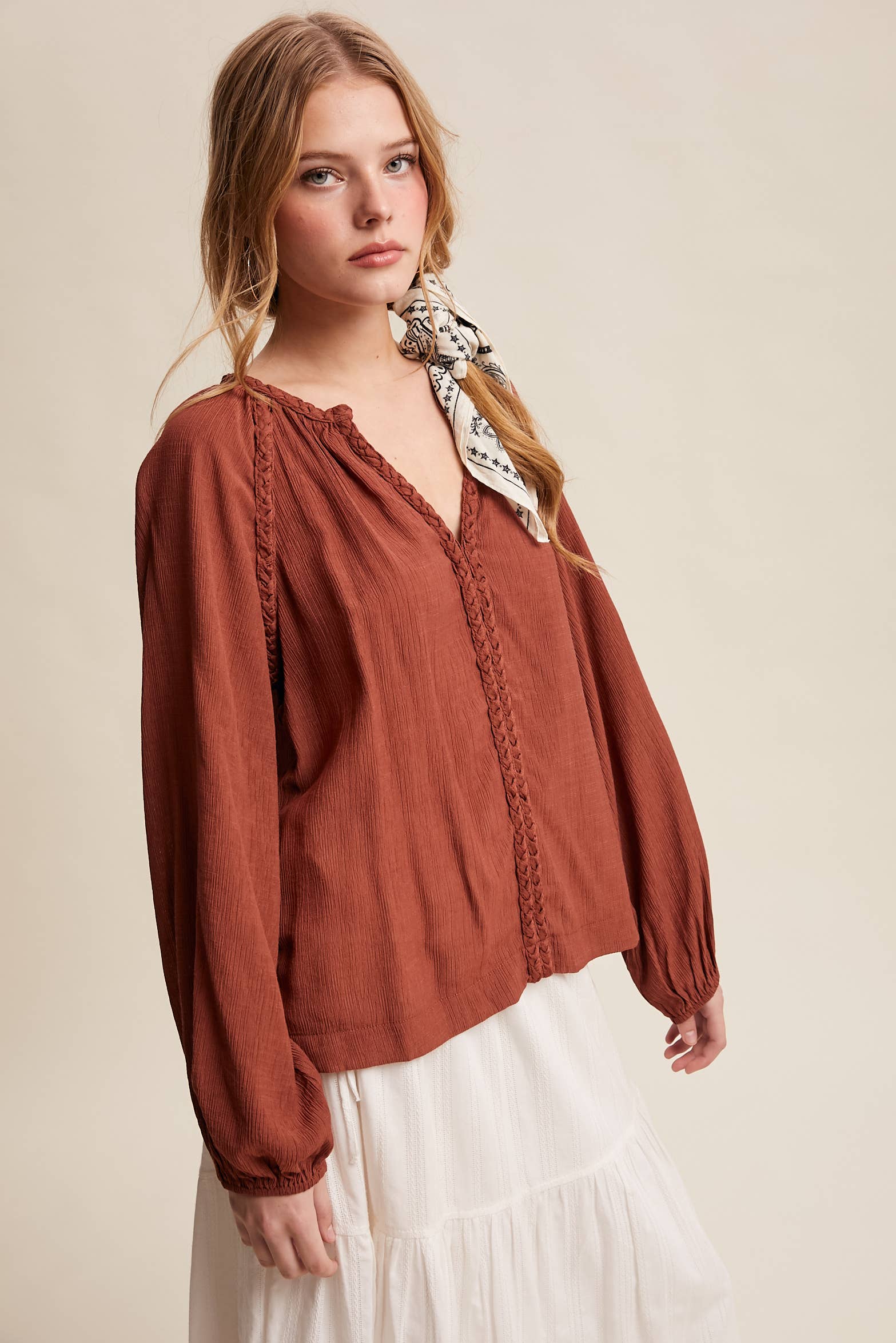 Listicle - Wholesale Blouse - Women's - Braided Trim Peasant Blouse LT144718