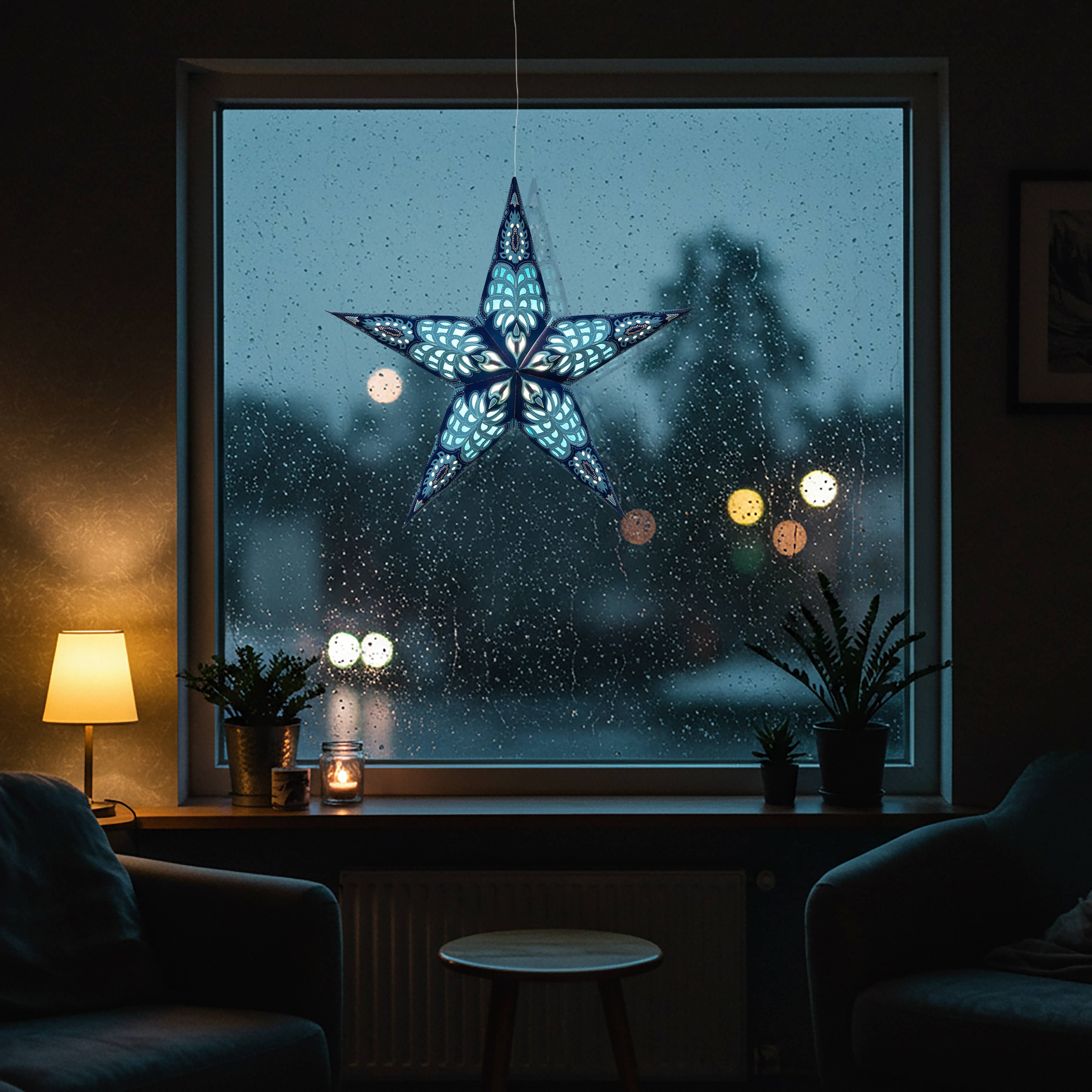 Artschatz LLC – Engroshandel Papirlampe – Ak 5 Punkt 24" blåt papir stjerne lanterne lys1