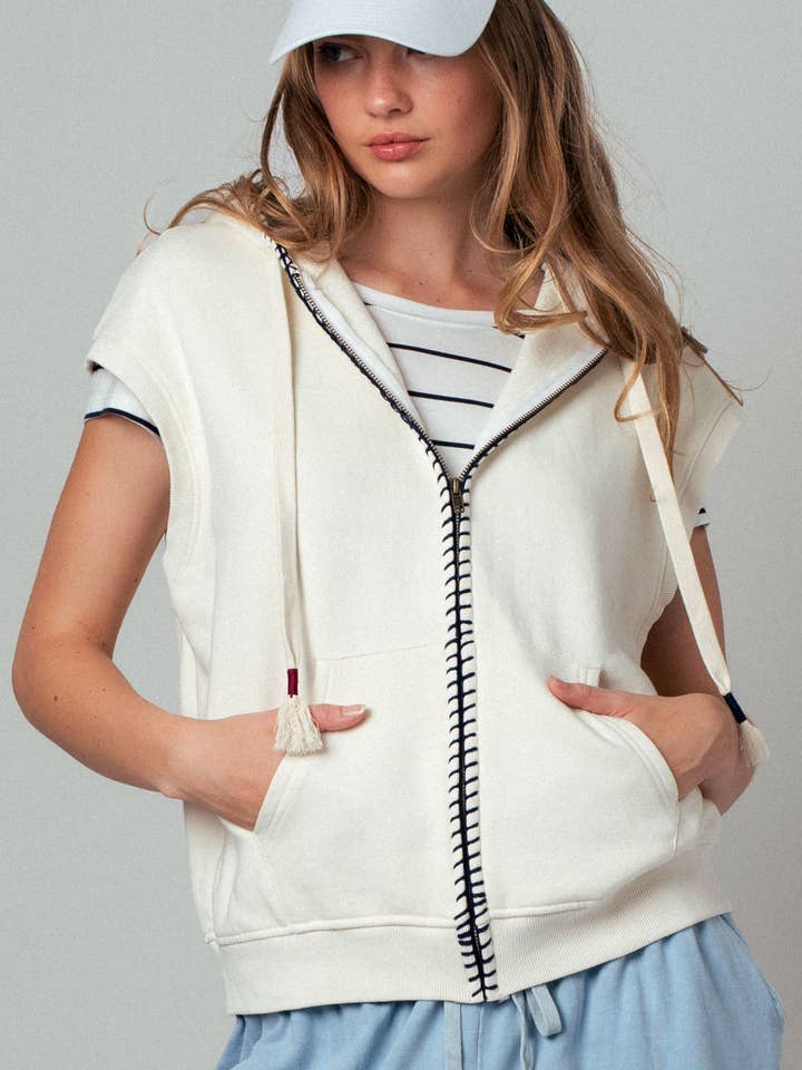Relaxed Sleeveless Contrast Stitch Zip Hoodie for wholesale by Urban Daizy